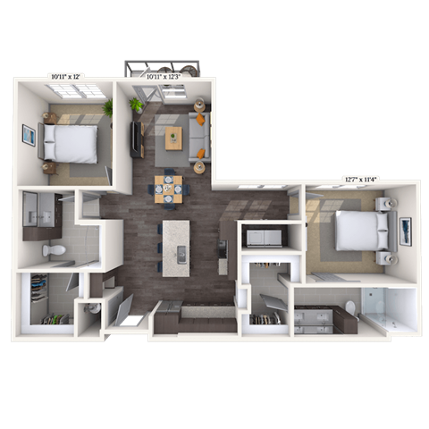 Floor plan for 2 beds, 2 baths, 1078 sqft